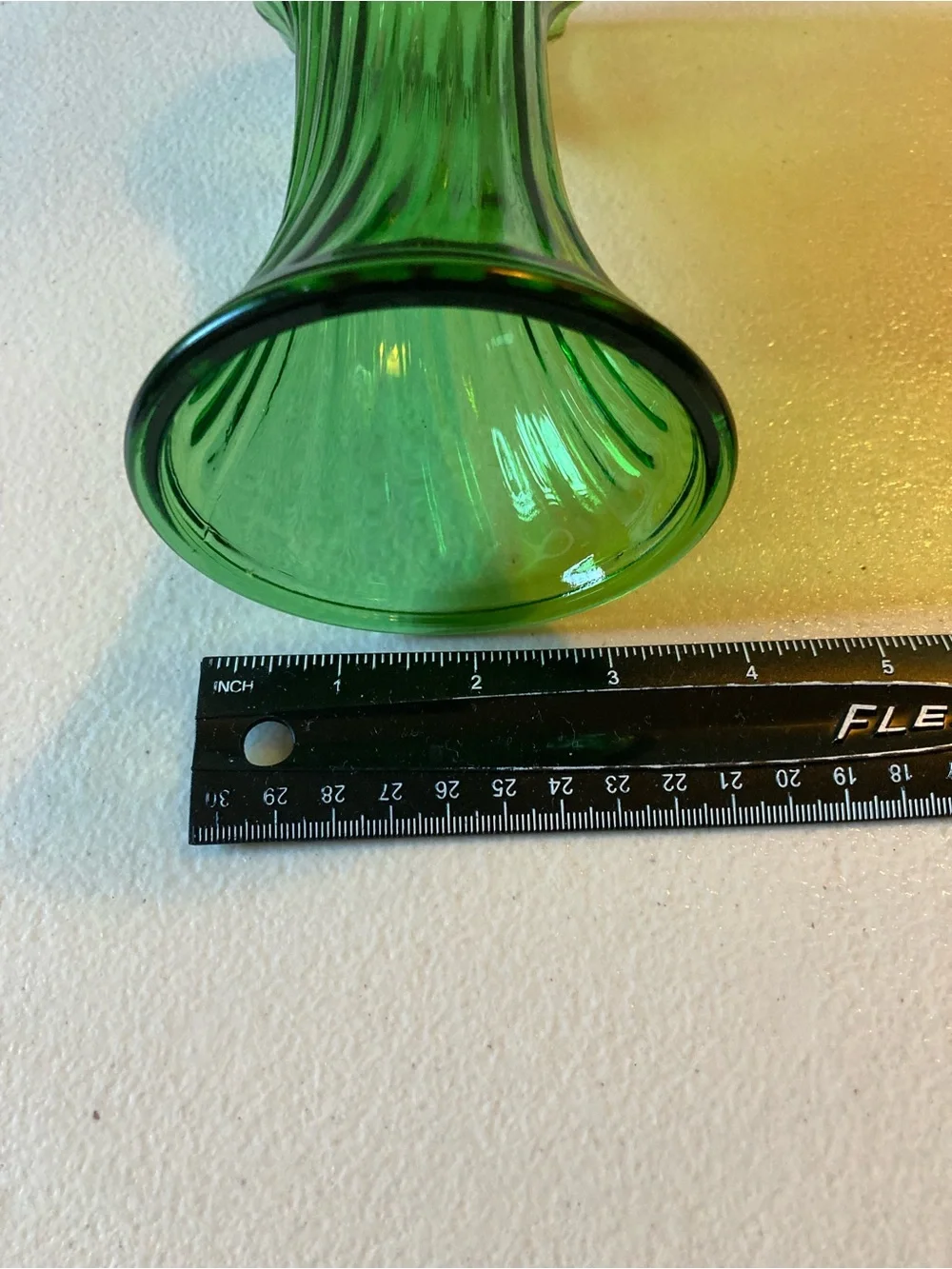 Green Glass Ribbed Hoosier Vase Textured Decorative 7.5” Tall 3.5” Diameter